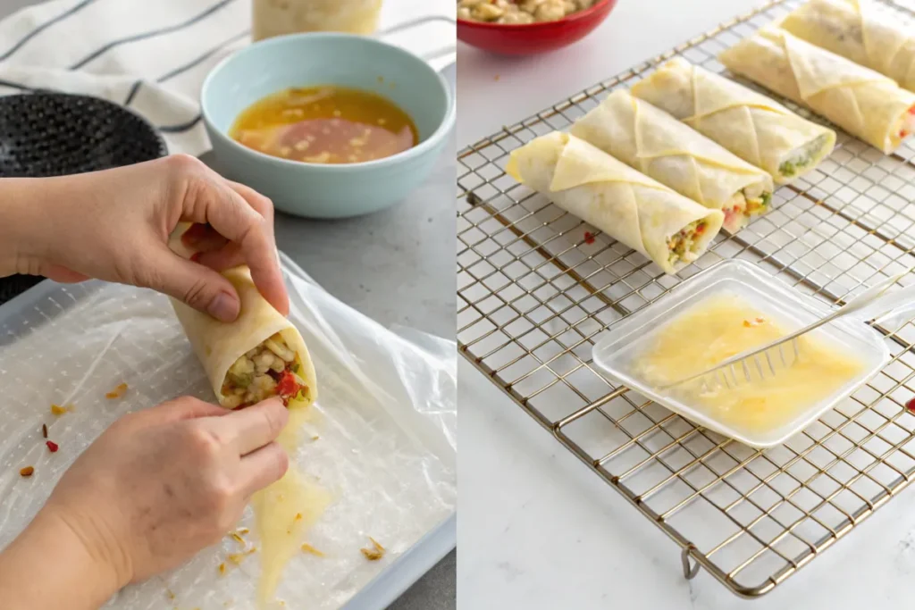 Step-by-step wrapping of an egg roll.