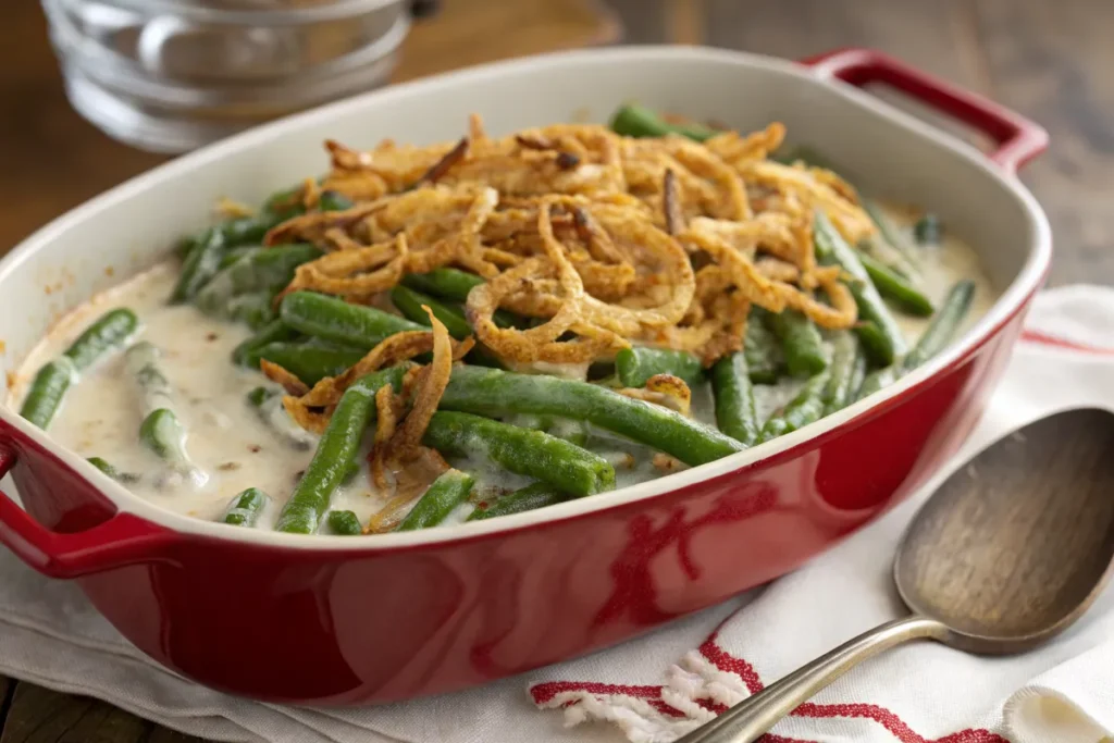 Green bean casserole with a creamy sauce and crispy onion topping.