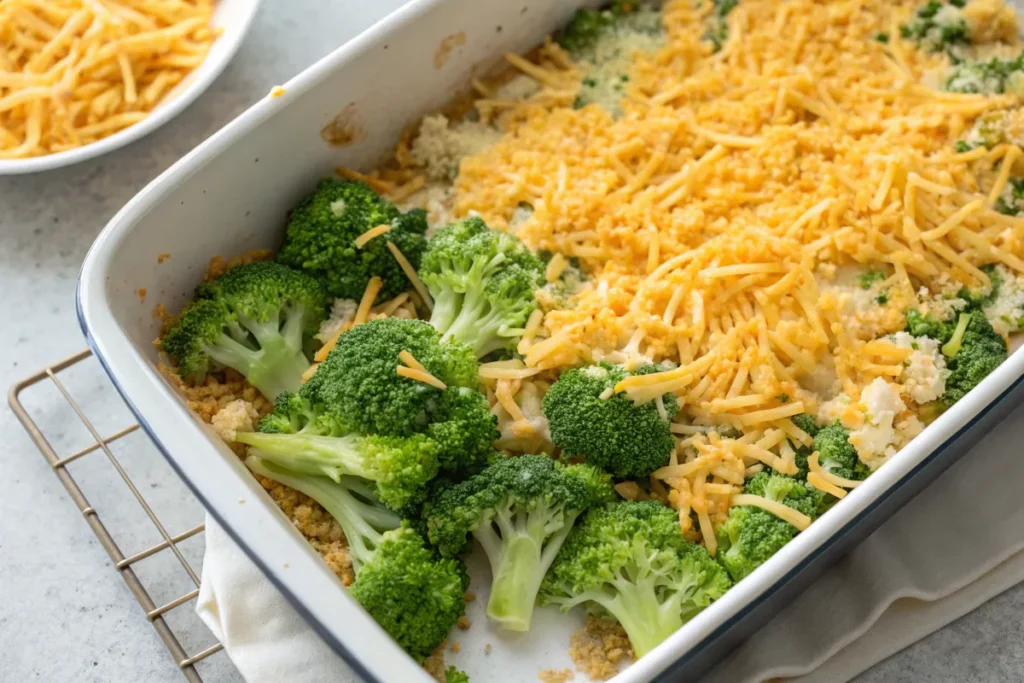 Layering ingredients for a broccoli casserole