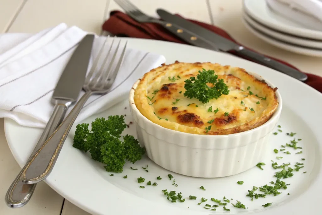 Golden crusted individual quick potato bake garnished with parsley