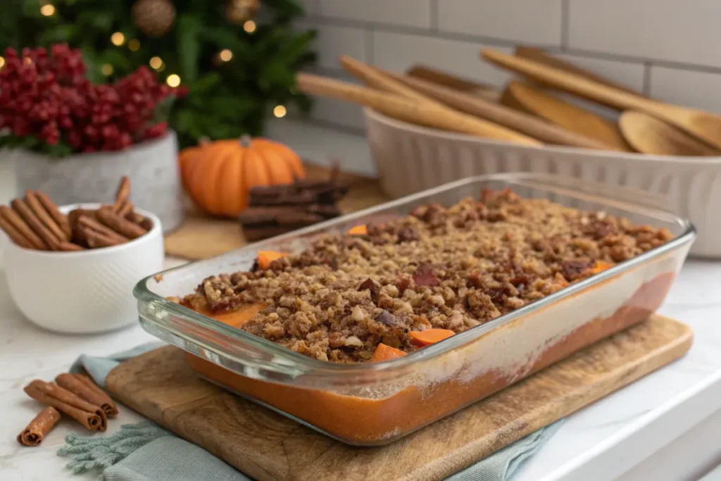 Sweet potato casserole with pecan topping ready to bake.