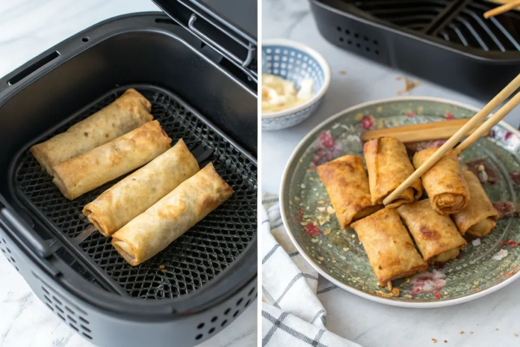 Costco chicken egg rolls being air-fried and served crispy