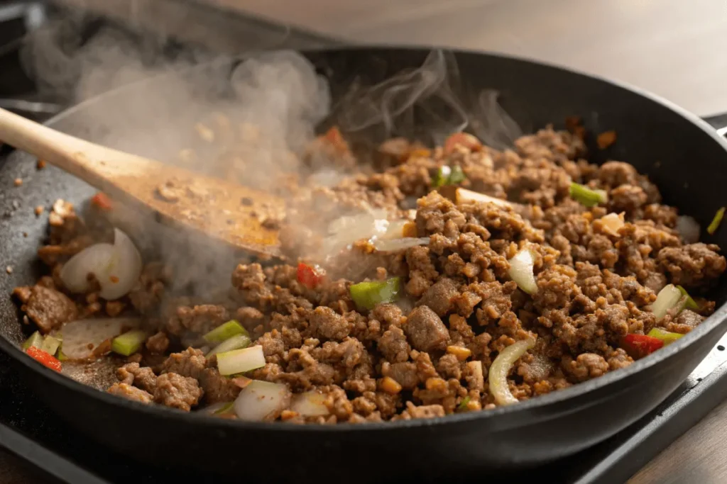 Seasoned ground beef cooking in a skillet.