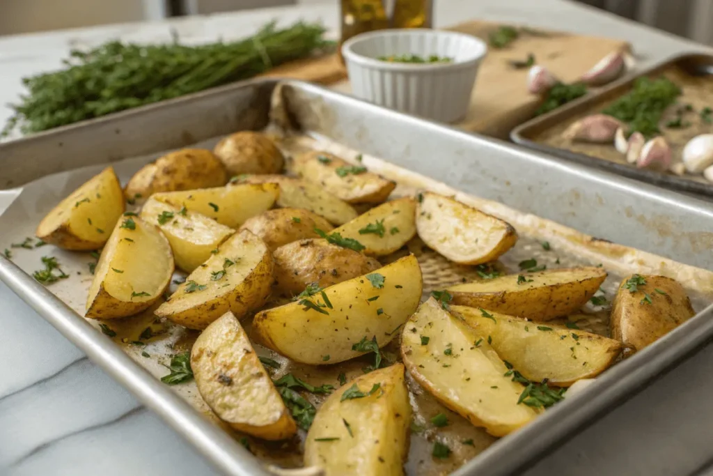 Herb-infused baked potato wedges, boiled before baking. Served with garlic dip and parsley.