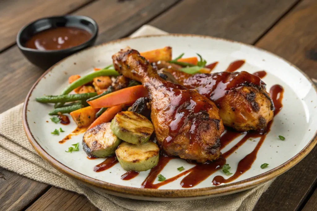 Barbecue chicken drumsticks with roasted vegetables