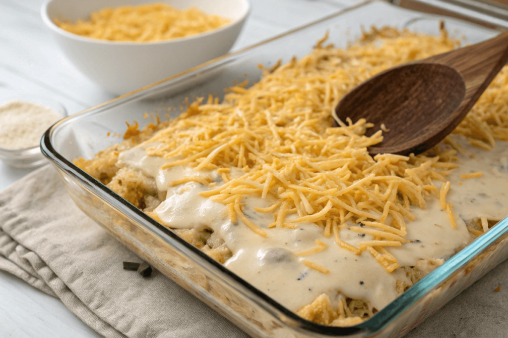 Assembling a hash brown casserole in layers.