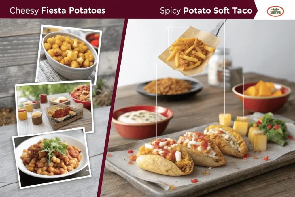 Taco Bell potato dishes timeline featuring Cheesy Fiesta Potatoes and Spicy Potato Soft Taco.