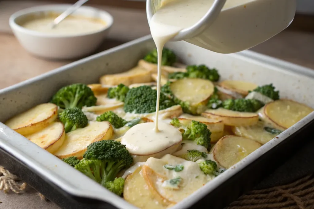 Assembling a layered potato and broccoli casserole