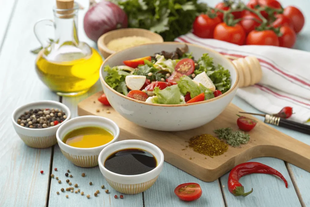 Global salad dressings featuring olive oil, tahini, and sesame blends.