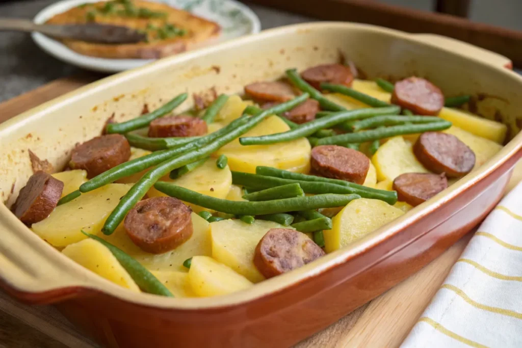 ausage green bean potato casserole ready to bake