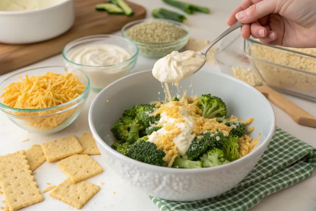 Preparing Paula Deen’s broccoli casserole with cheese and crackers.