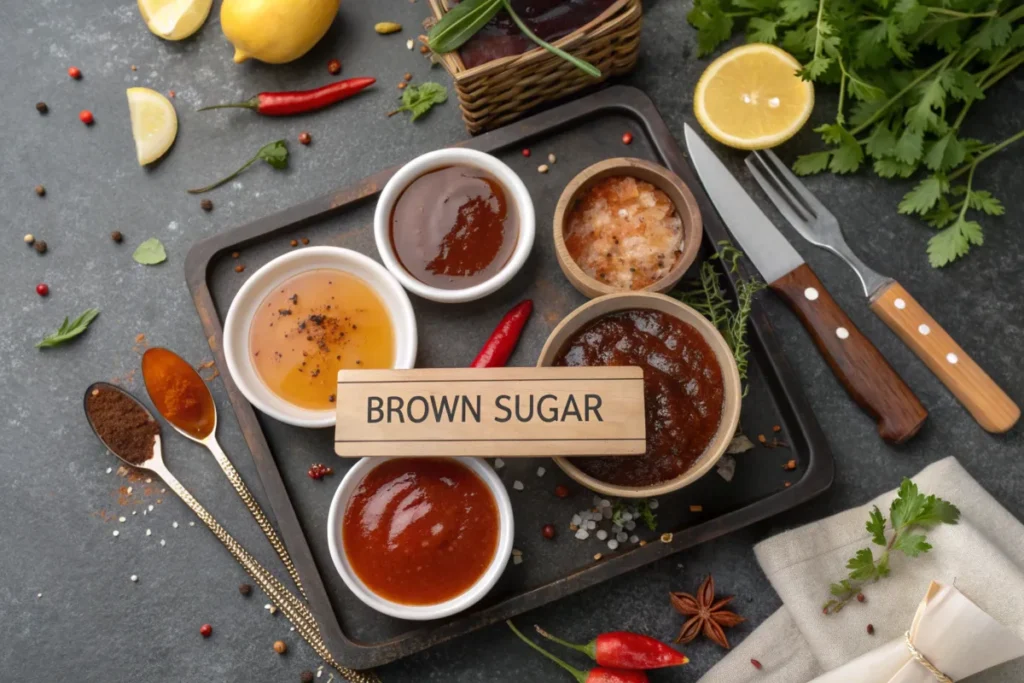 Different types of BBQ sauces with varying brown sugar content