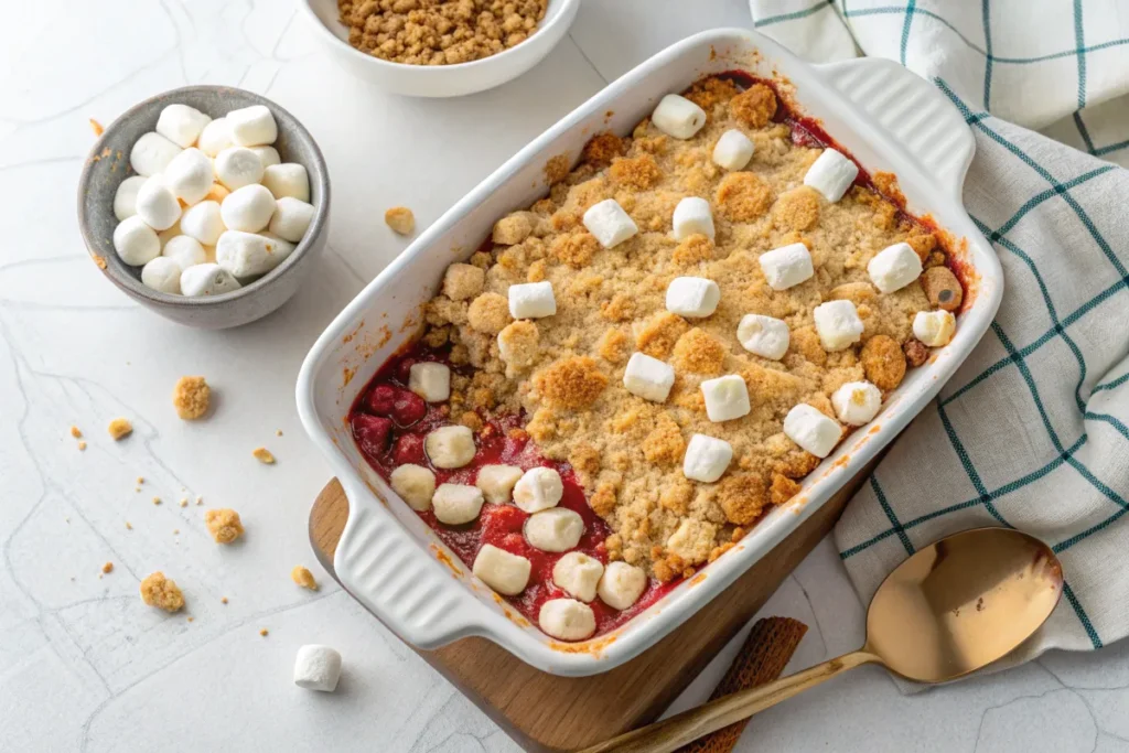 Sweet potato casserole topped with marshmallows and pecan streusel.