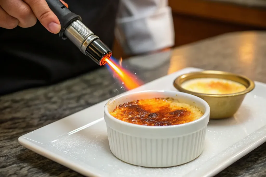 Culinary torch caramelizing sugar on a crème brûlée in a ramekin