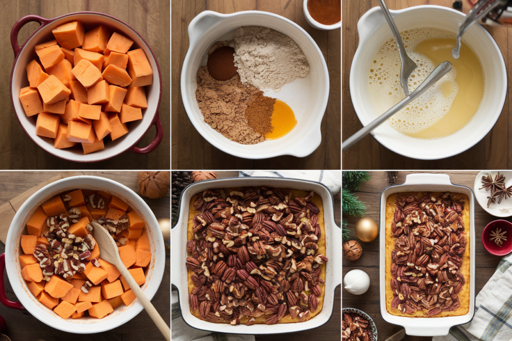 Step-by-step process of baking Aldi Sweet Potato Casserole