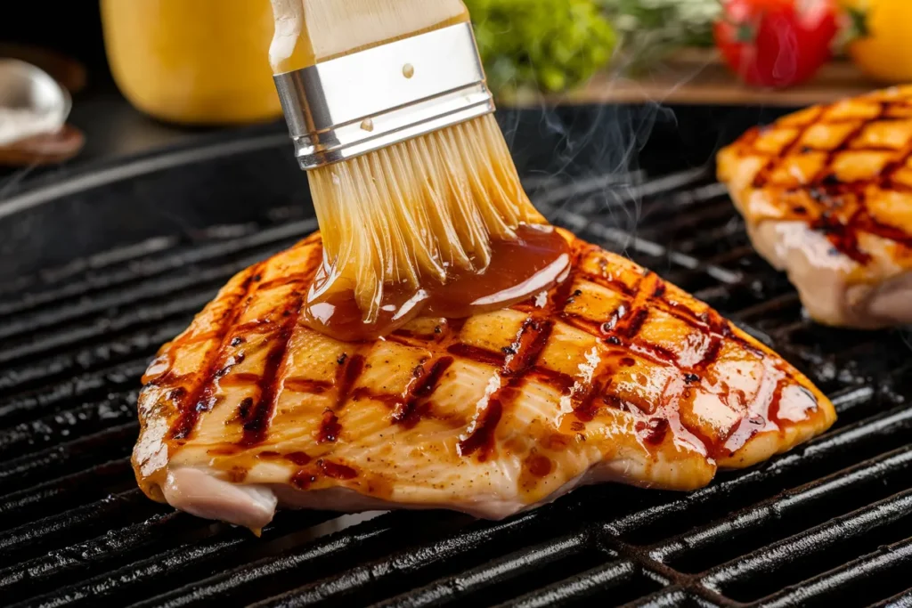 Honey-based BBQ glaze being brushed onto chicken on a grill.