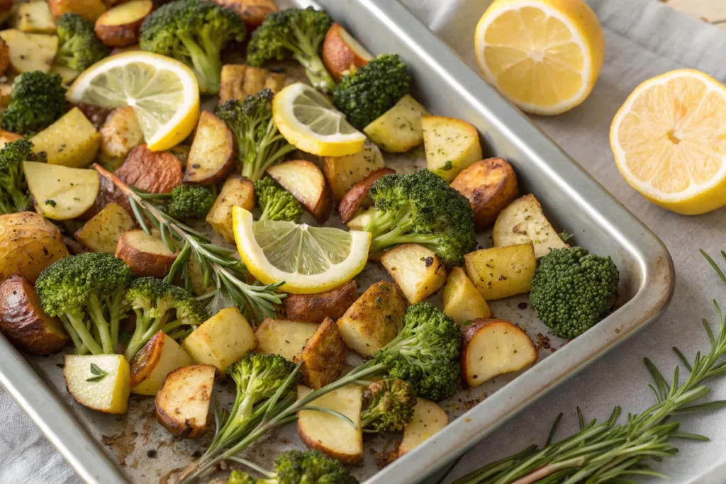 Roasted broccoli and potato medley garnished with herbs.