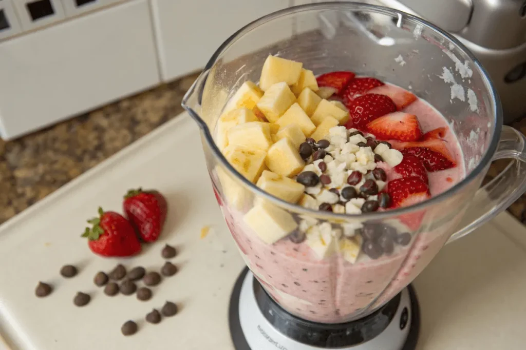 Blender blending Bahama Mama Tropical Smoothie ingredients