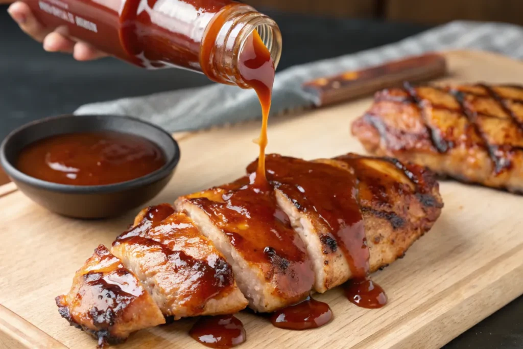 BBQ sauce poured over grilled chicken