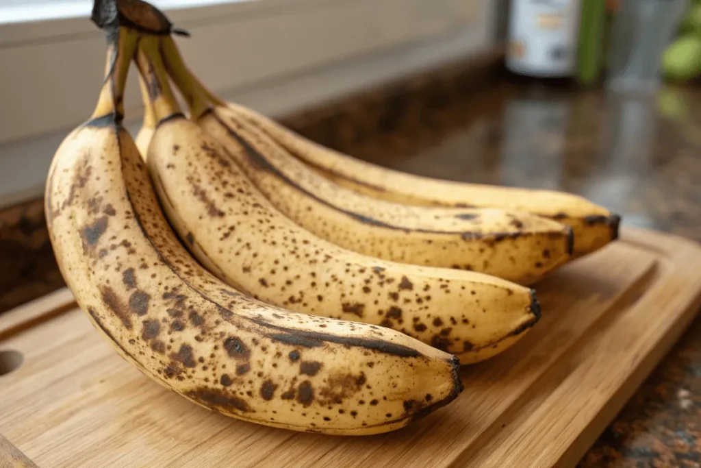 Overripe bananas with brown spots on a wooden counter, ready for baking