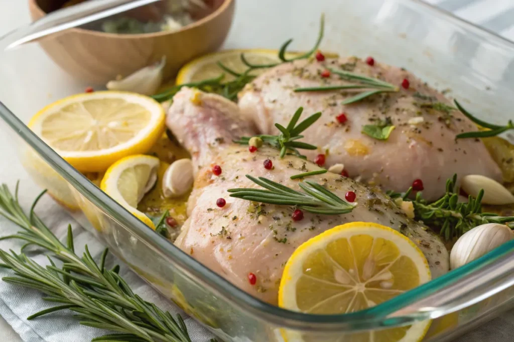 Chicken marinating with lemon, garlic, and herbs for Instant Pot