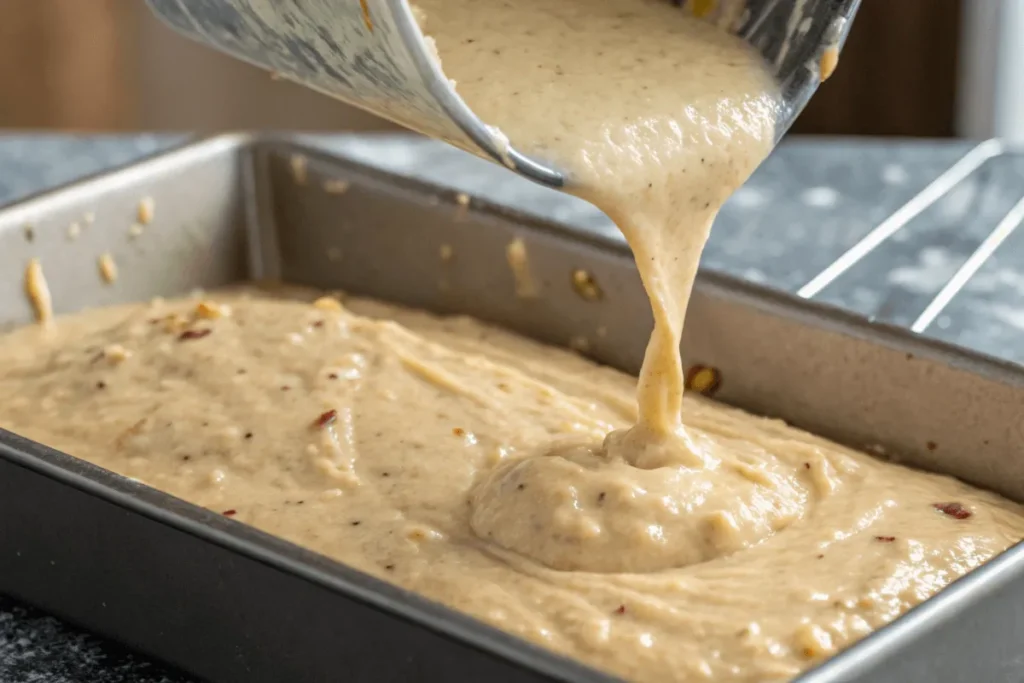 Banana bread batter being poured into a loaf pan for baking