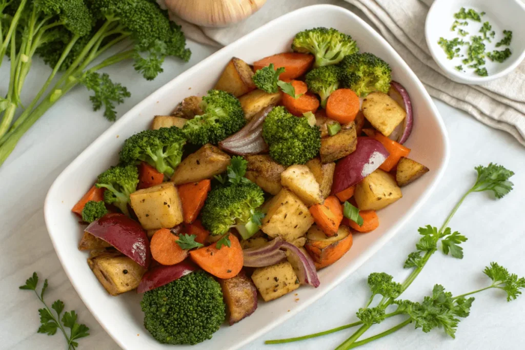 Roasted broccoli and potatoes on a white platter.