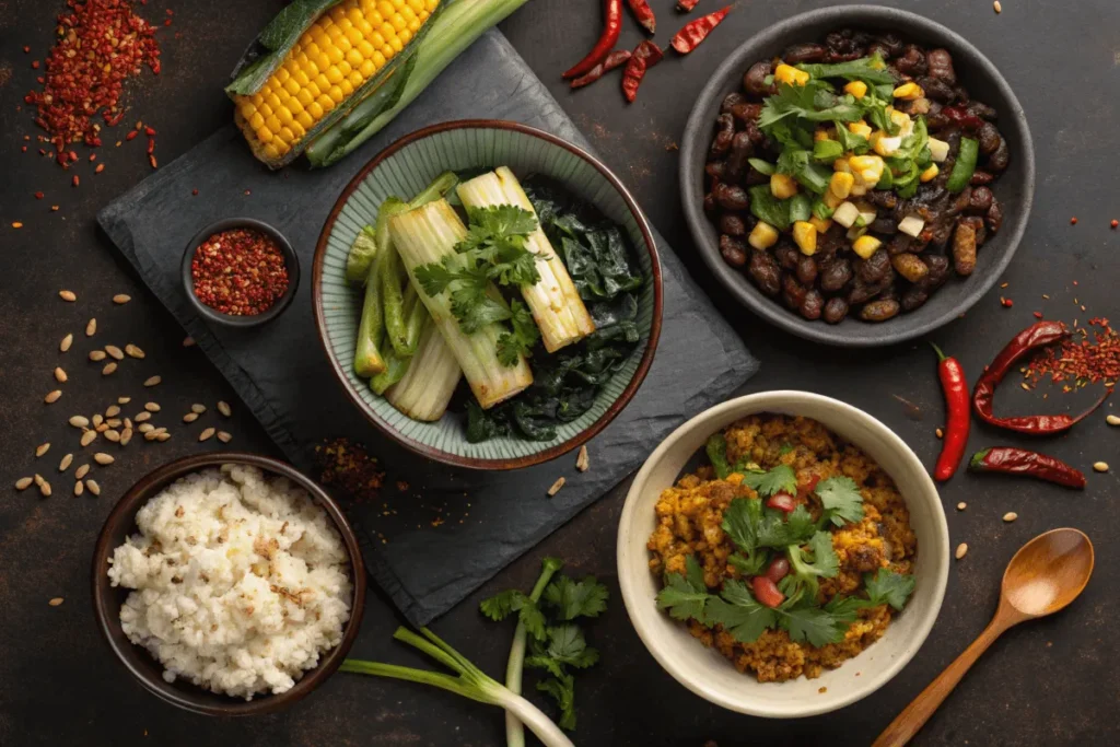 Global-inspired sides like bok choy, black beans, and elote."