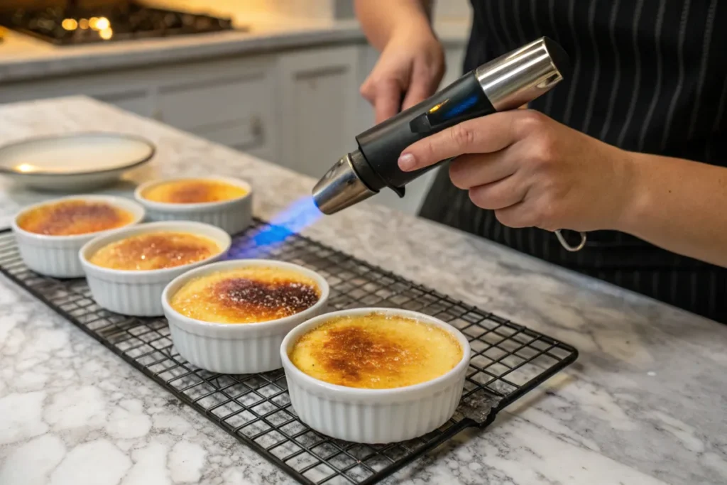 Using a kitchen torch to caramelize sugar on crème brûlée.