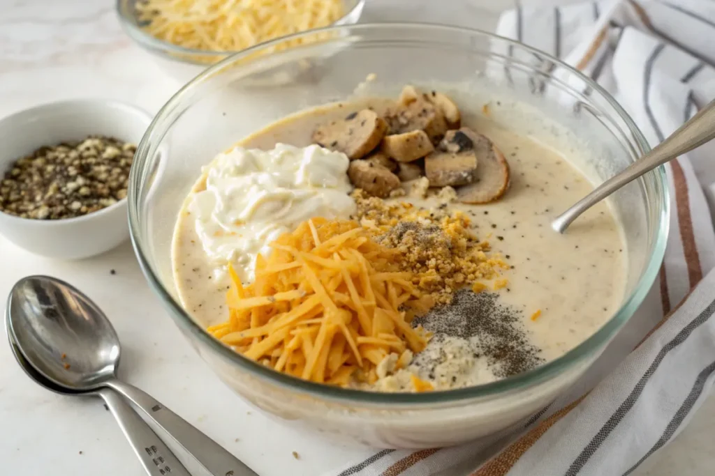 Mixing creamy ingredients for Paula Deen’s broccoli casserole.