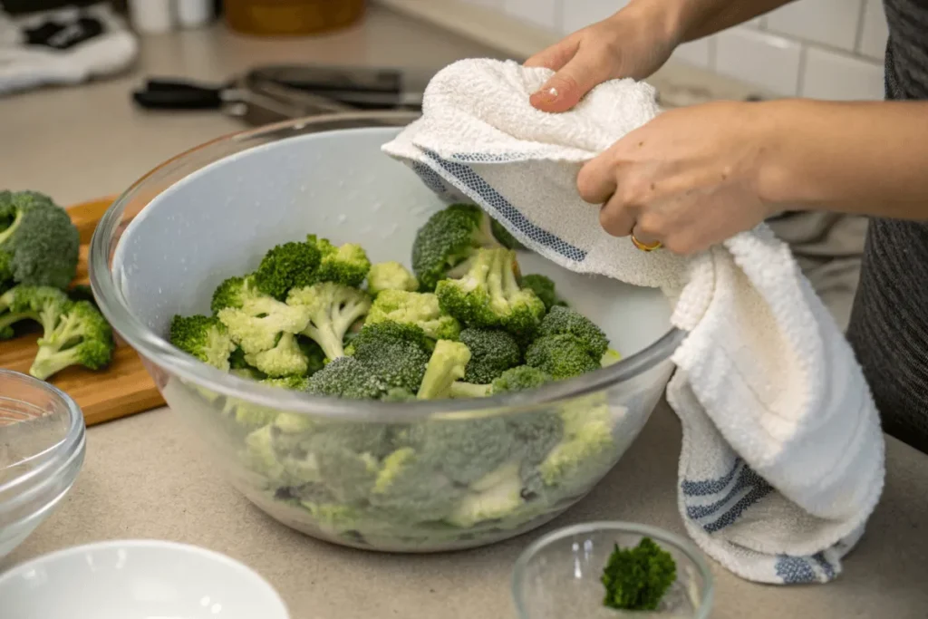 Thawed frozen broccoli being patted dry before adding to a casserole.