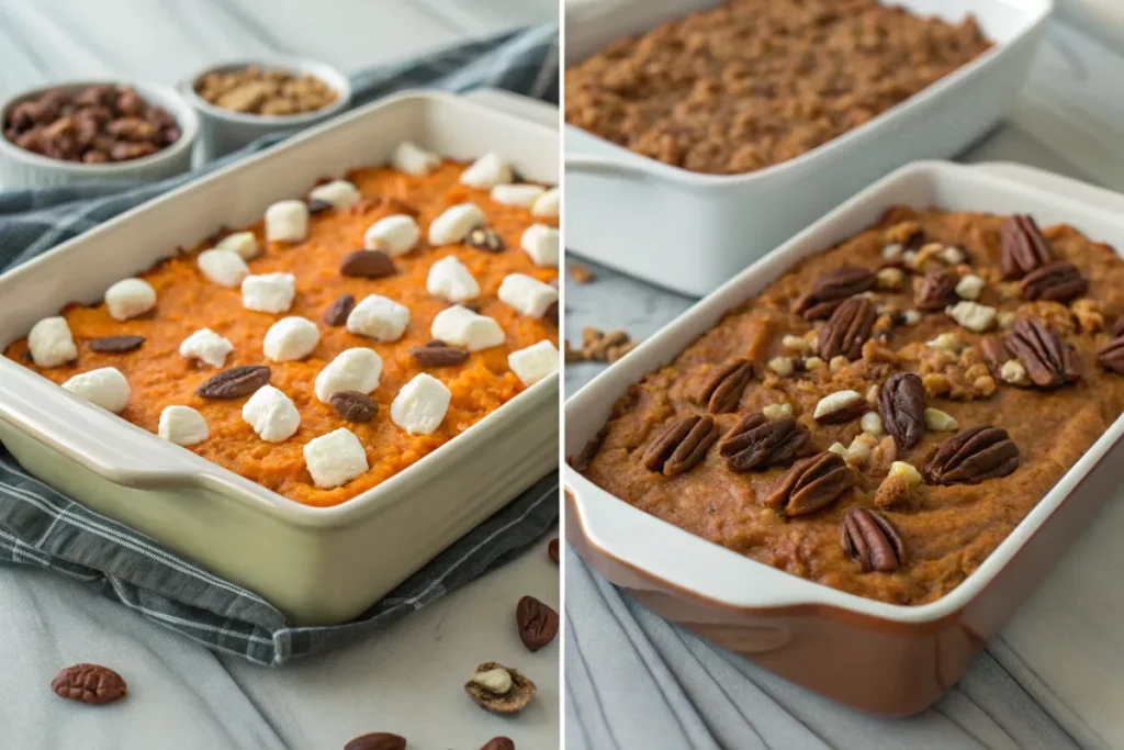 Store-bought and homemade sweet potato casseroles side by side.