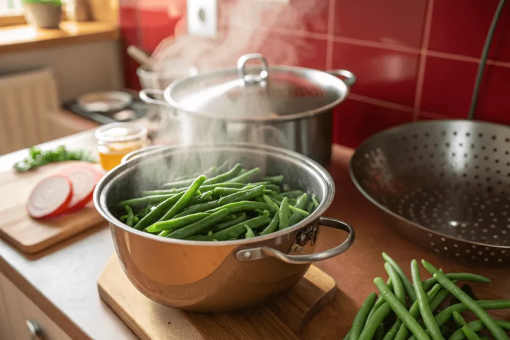 Blanched fresh green beans being drained in a colander