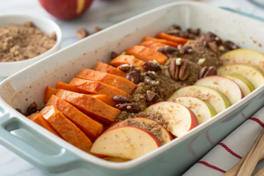 Assembling Sweet Potato and Apple Casserole