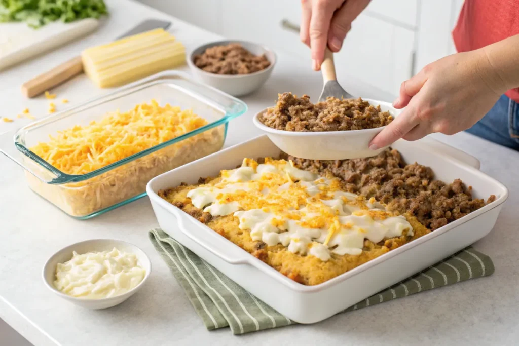 Step-by-step preparation of hamburger and hash brown potato casserole