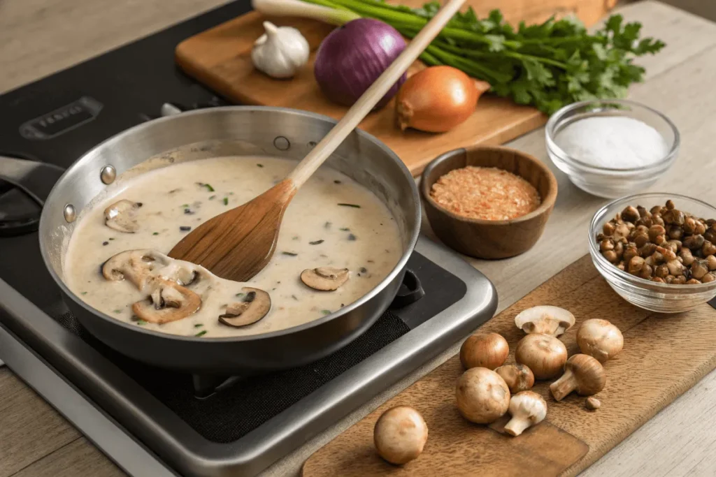 Homemade mushroom sauce being prepared for green bean casserole.
