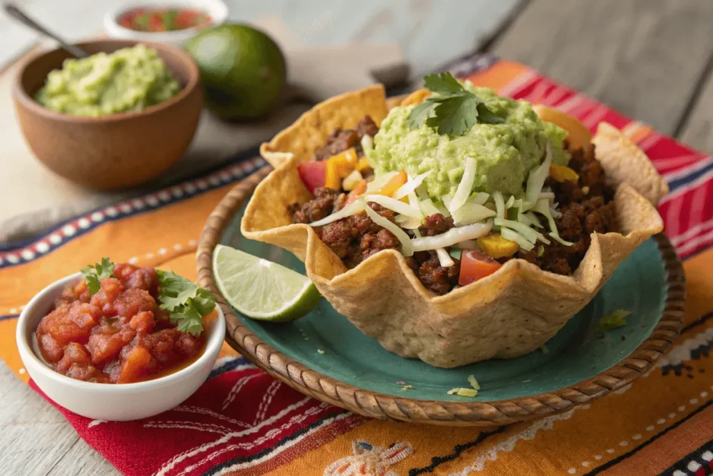 Taco salad in an edible tortilla bowl.