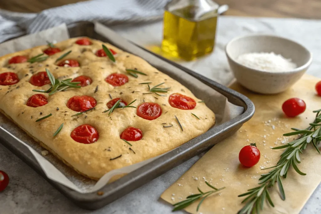 Freshly baked focaccia bread with rosemary and cherry tomatoes