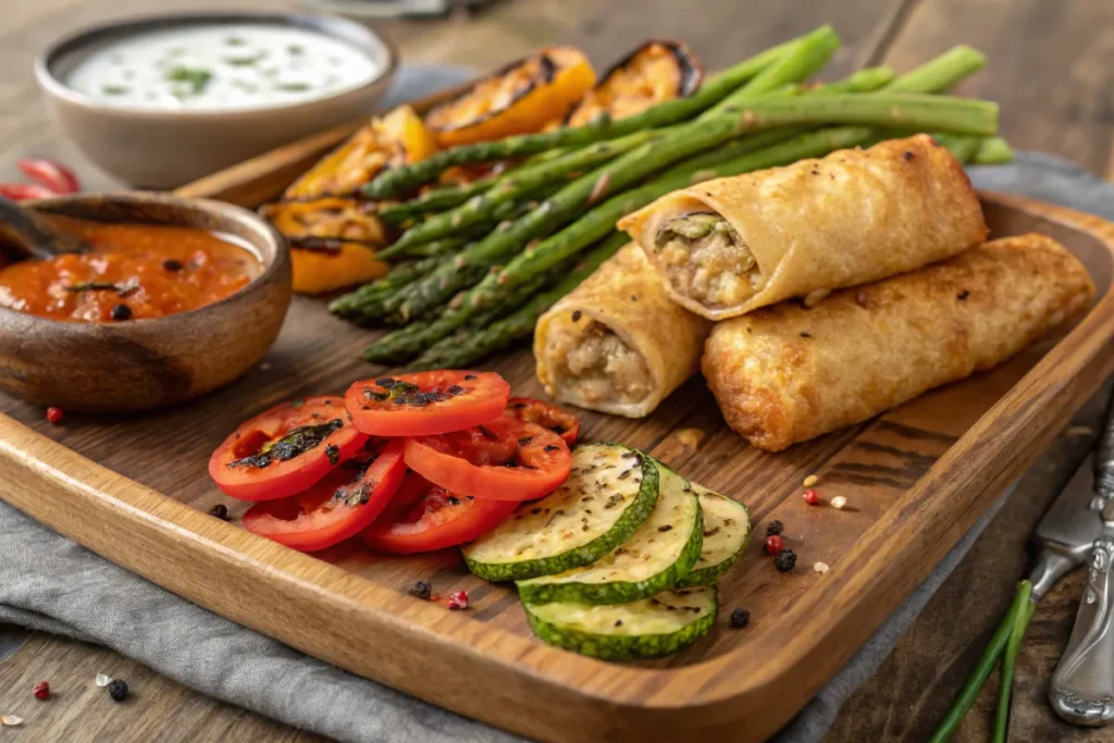 Buffalo egg rolls with grilled vegetables on a rustic tray