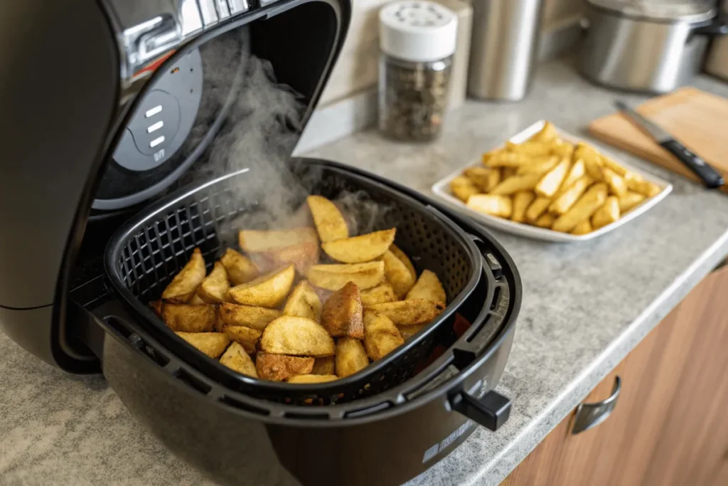 Air fryer with golden potato halves, an example of how to speed up potato baking