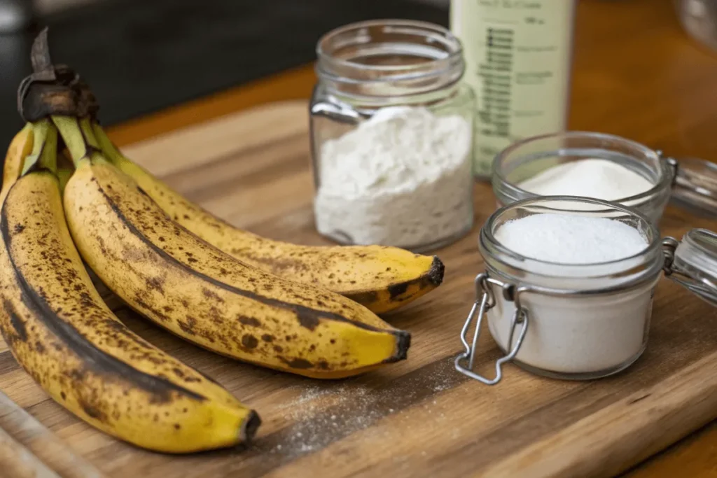 Should I use baking soda or baking powder for banana bread? Overripe bananas next to baking soda and baking powder