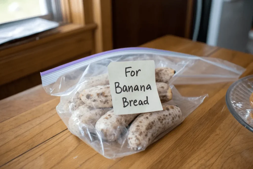 Frozen overripe bananas stored in a clear freezer bag for banana bread