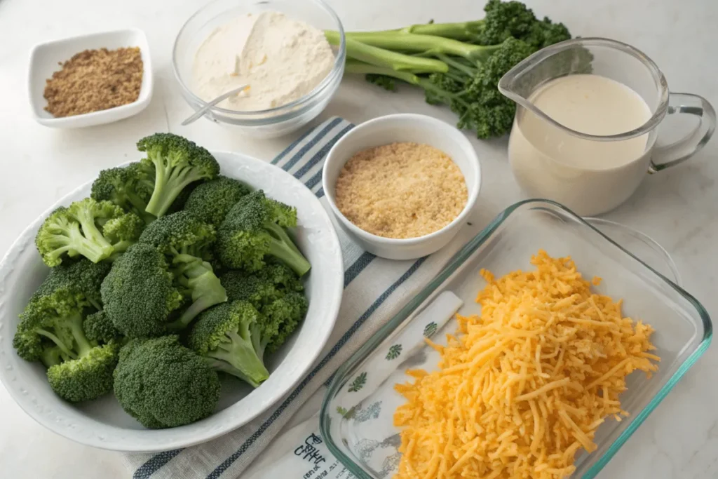 Ingredients for a broccoli casserole recipe.