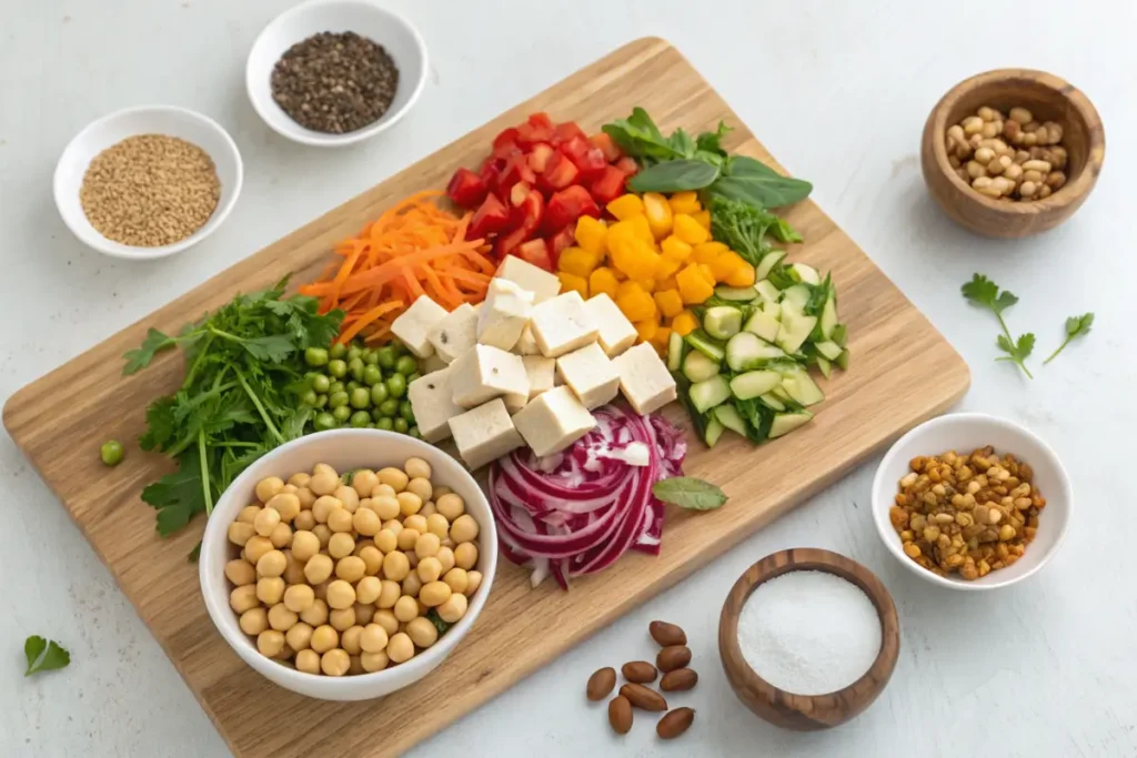 Prepped salad ingredients including chickpeas, tofu, and colorful vegetables.