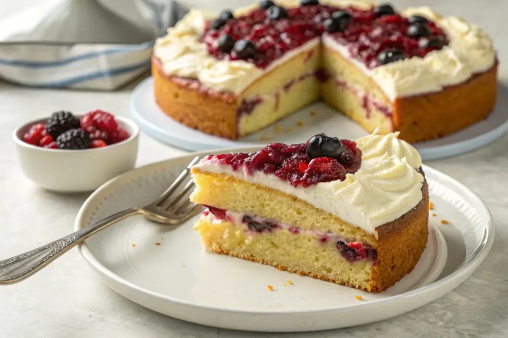 A sliced Mary Jane cake on a plate with mascarpone frosting and berries.