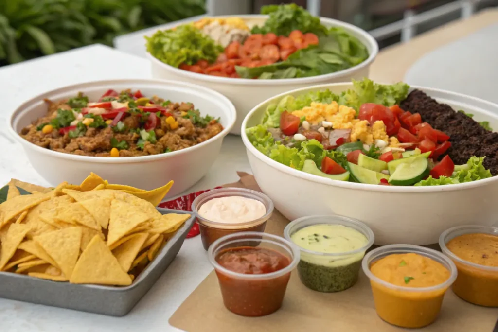 Taco salad bowls with different dressings and toppings