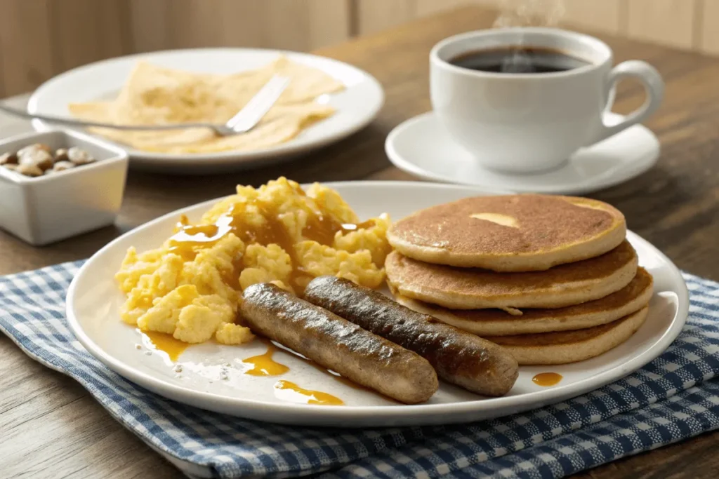 A full breakfast plate with sausage links, eggs, pancakes, and coffee.