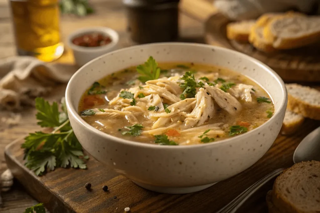 Shredded chicken with broth and herbs