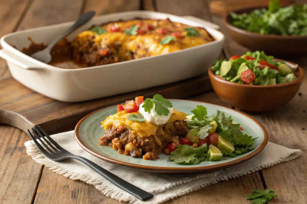 Plated taco potato casserole with a side salad.