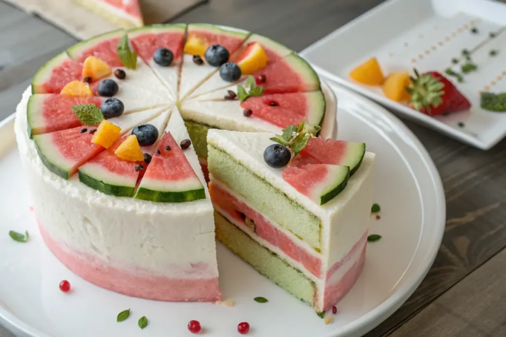 A sliced watermelon cake on a plate with fruit toppings